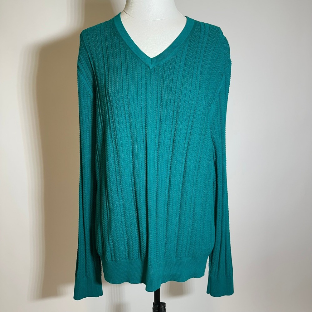 Lands End Green V-Neck Cotton Herringbone Knit Sweater Mens Size Large L 42-44